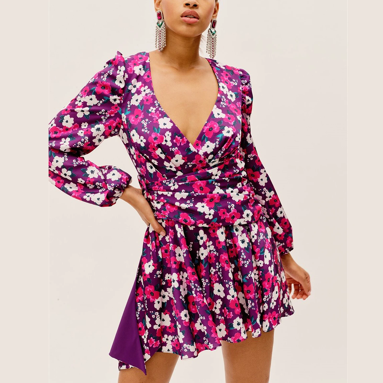 Wholesale Custom Women Cotton V-neck Floral Print Full Bell Sleeves China Manufacturer Ladies Dress Casual Dresses Mini Dresses
