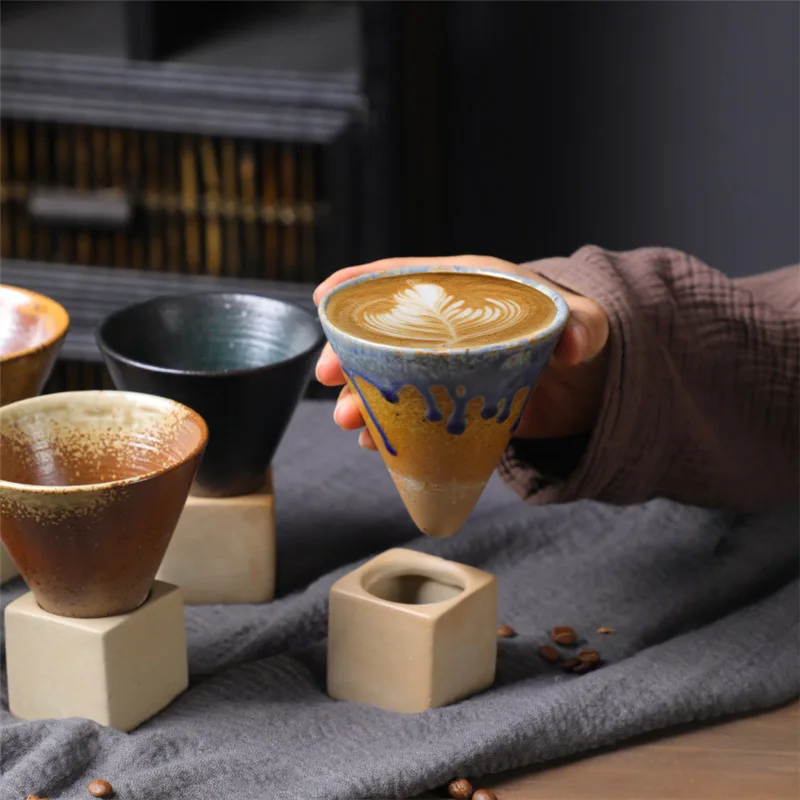 200ml Rough Pottery Retro cone shape Espresso mug Creative Handmade Kiln Change Ceramic Tea Cup with Base Stoneware