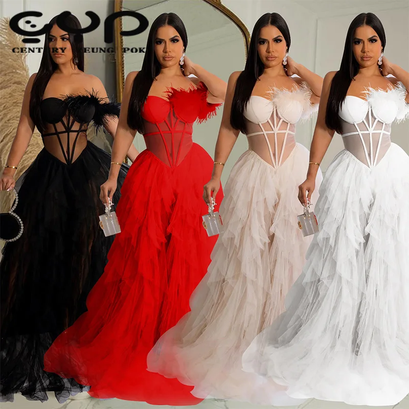 Strapless Corset Mesh Dress Party Gowns Elegant Lady Beautiful Sleeveless Evening Dresses