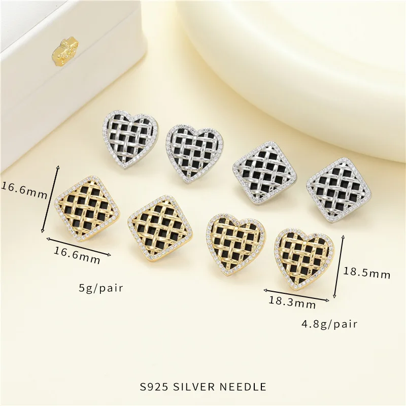 Hot selling 925 Silver Needle girl black and white grid retro checkerboard square  stud earrings