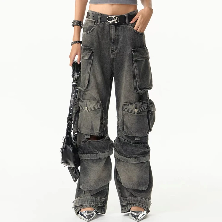 custom Logo OEM ODM baggy loose cargo jeans men with multi pockets distressed washed jeans men denim cargo pants