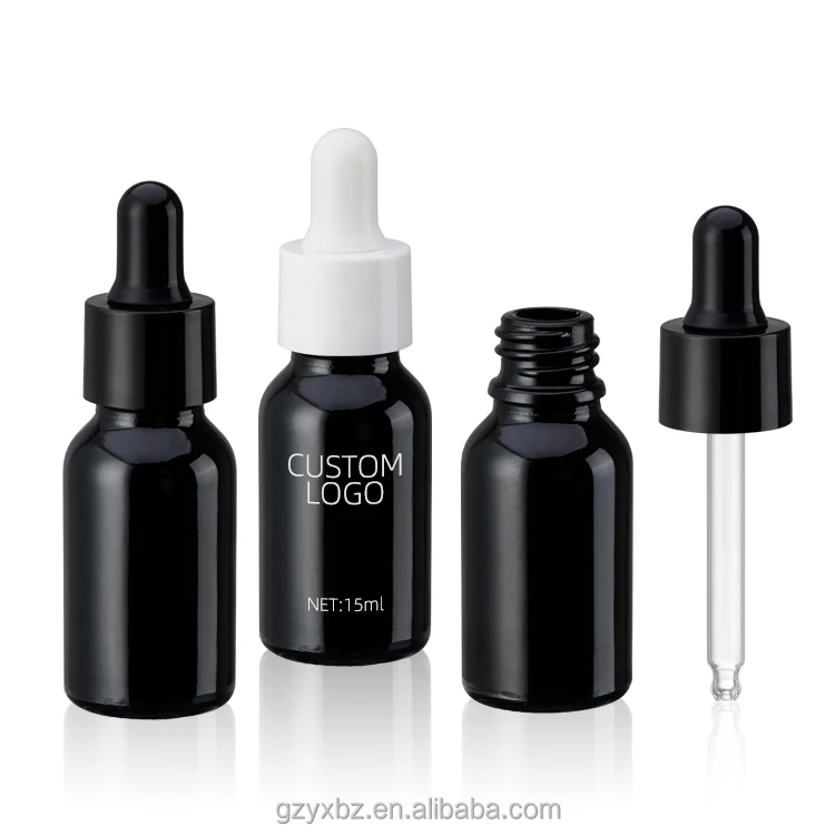 Custom Logo 10ml 15ml 20ml 30ml 50ml 100ml Black Essential Oil Glass Dropper Bottles With Black Screw Cap