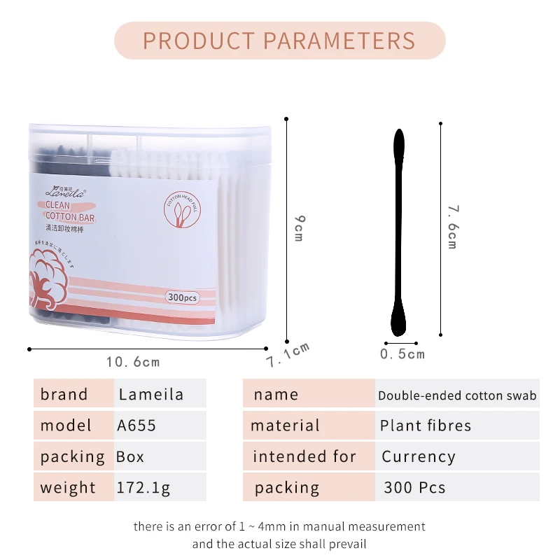 
Lameila 300pcs 2 in 1 wholesale personal care ear cleaning cotton swab paper stick black and white cotton buds A655 