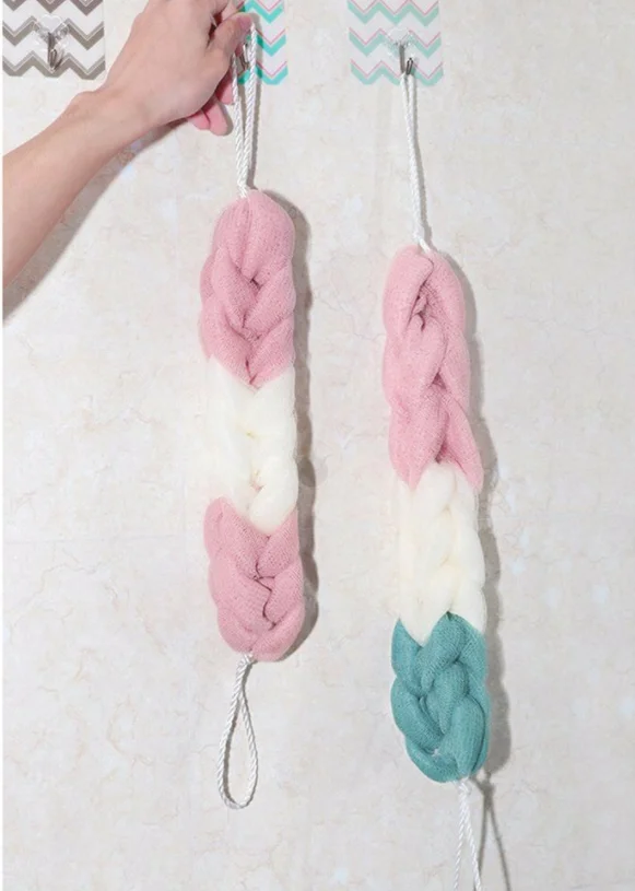 Free Shipping Rope Handles Sponge Exfoliating Body Scrub Stretch Braided Loofah Bath Shower Mesh