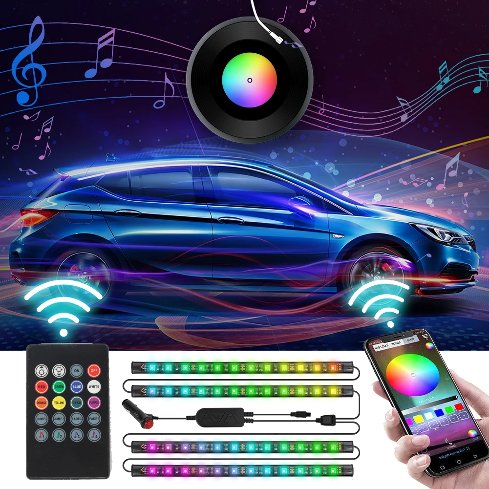  Завододское 12V 4 шт. автомобиль Rbg) Светодиодная лента с usb-питанием App управления голосом музыки BLE Автомобильные светодиодные полосы дистанционным