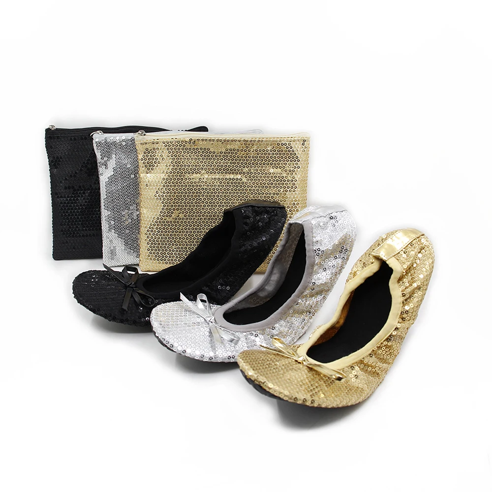 Customized Trendy Evening Party Flats Black and Silver Sequin Foldable Shoes with Bag