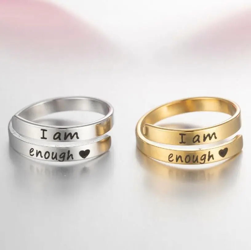 Wholesale Women Letters Engraved Spiral Wrap Twist Adjustable Rings Inspiration Jewelry Classic Double-layer I AM Enough Ring