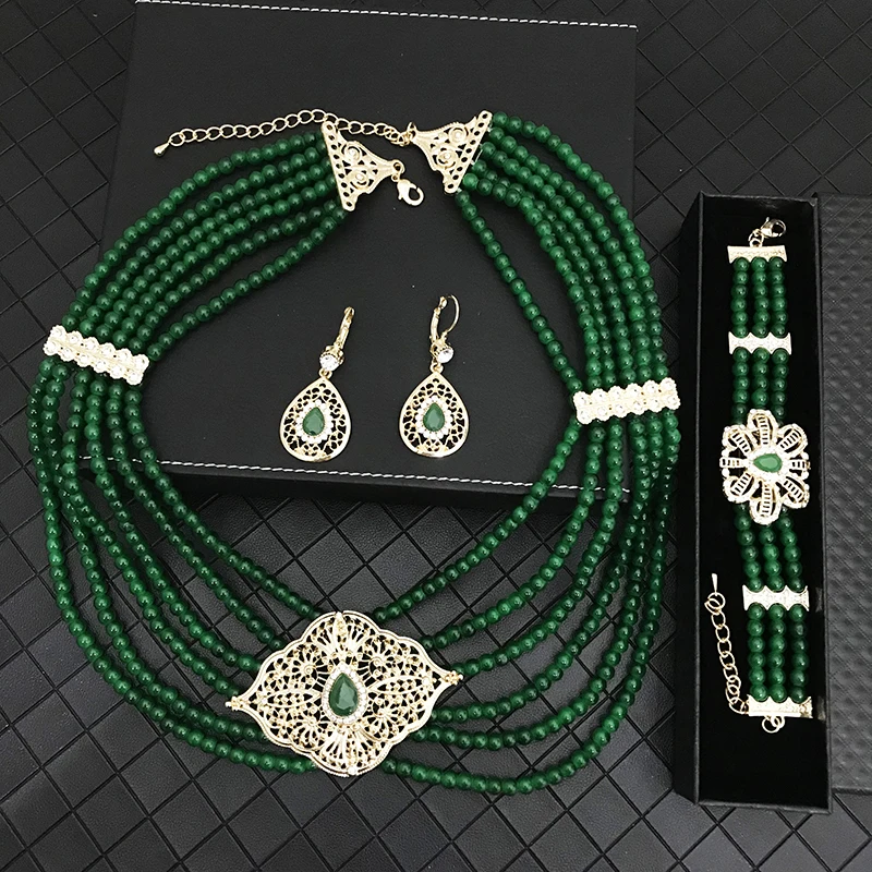 French American favorite handmade beaded necklace earrings bracelet set chain Muslim bridal wedding dress necklace women jewelry