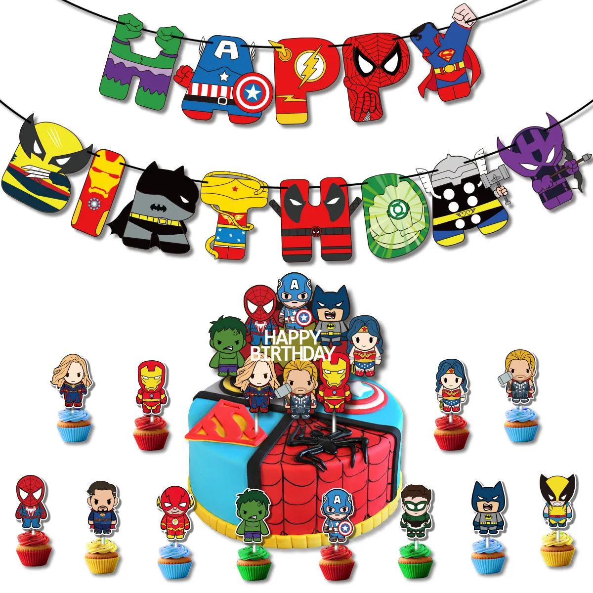 Spider-Man Super League of Legends Party Decoration Children Birthday Pulling Banner Cake Inserting Card Balloon Set Layout