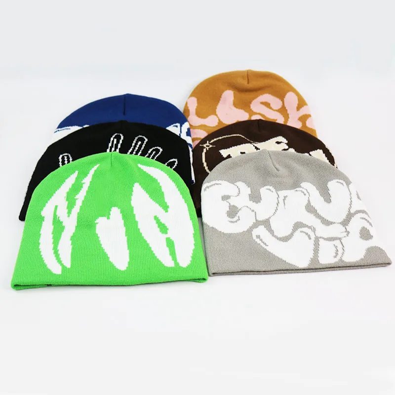 HK34 2024 Fashion Winter Hat customizable beanie hat purple plain jacquard logo letter knit Cuffless beanie hat caps for women