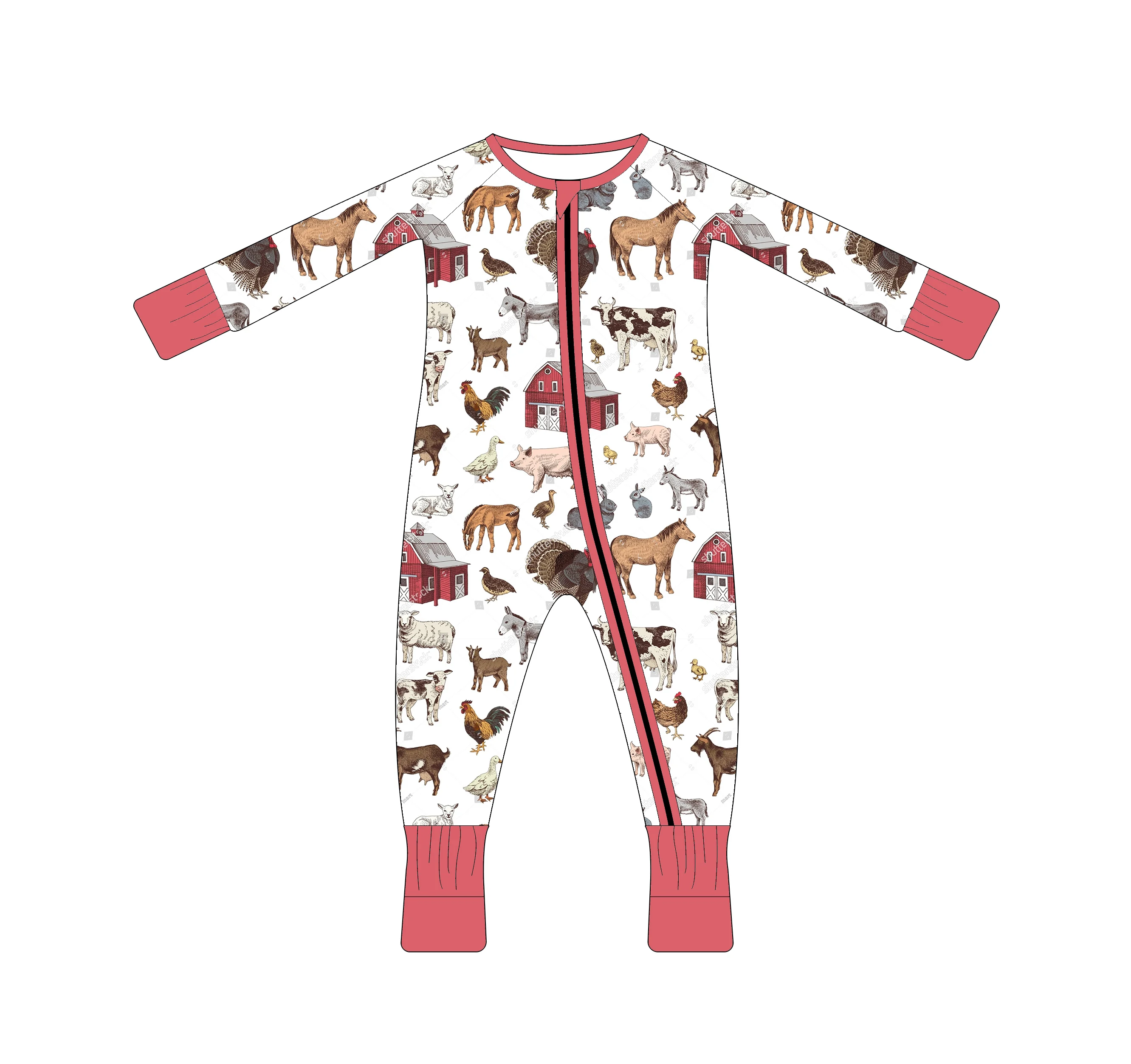 2023 design baby boy girl Bamboo Fabric farm pig horse pattern Long Sleeve Zip Romper custom size Unisex Infant Onesie