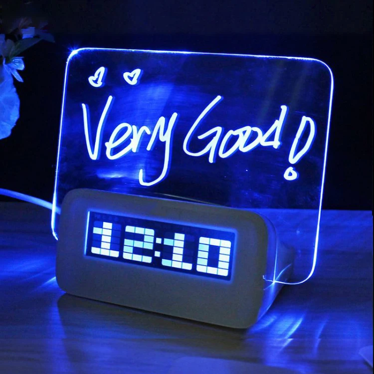 LED Green Blue Fluorescent Calendar Night Light Message Board Digital Alarm Clock