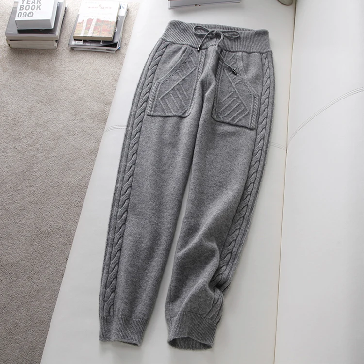 2021 Custom Fall Winter OEM/ODM Soft Warm Cable Sweatpants Wool Cashmere Knit Long Pants For Women