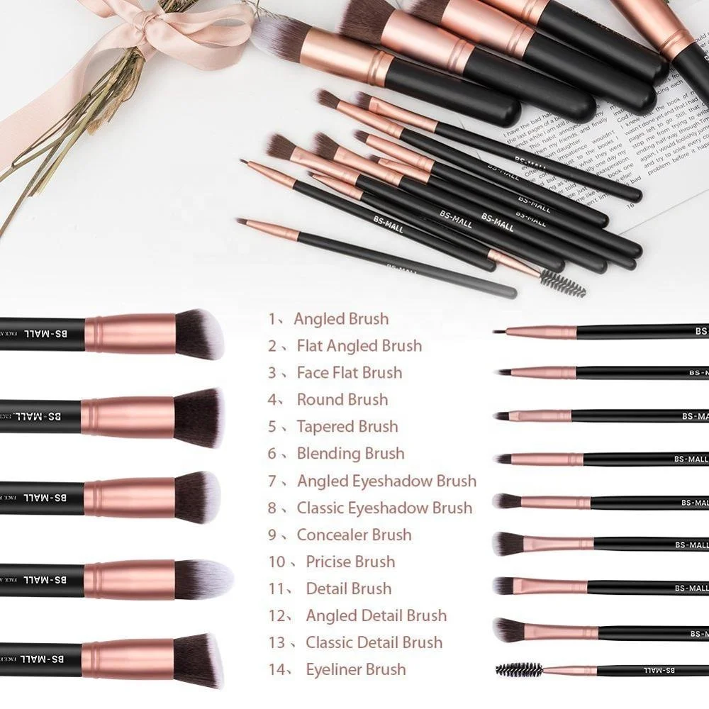 Amazon Best Sell BS-MALL Custom Label Makeup Cosmetic Brushes 14 PCS Rose Gold Synthetic Makeup Brushes Set