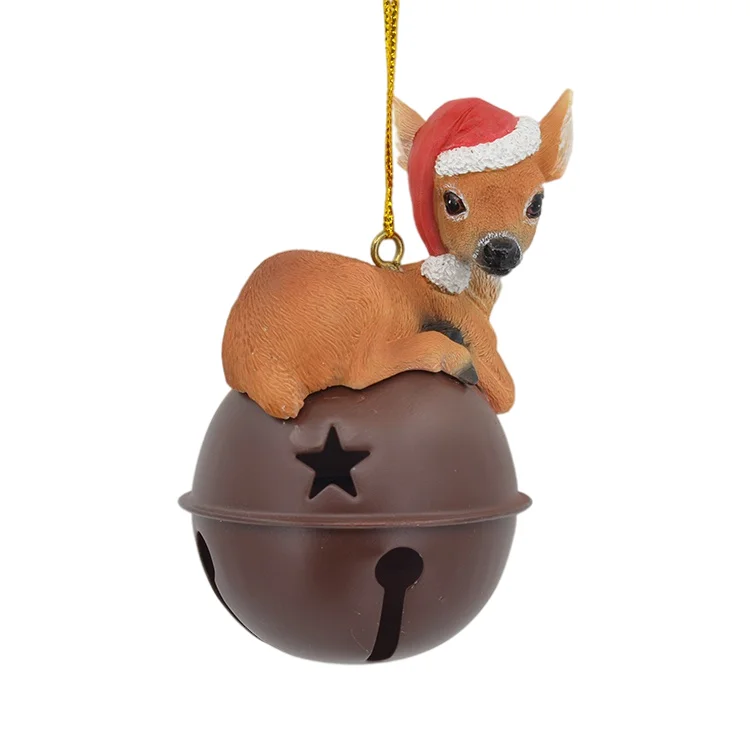 Retro Xmas Bell Brown Elk Santa Hat Hanging Christmas Bell Wall Decoration Ornament Resin Crafts
