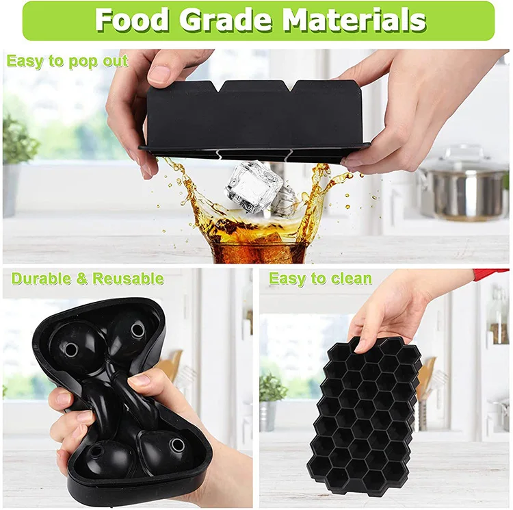 Set of 4 Silicone Ice Cube Molds For Freezer With Lid Sphere Ice Ball Large Square Diamond Cut And Hexagonal Shapes Ice Maker