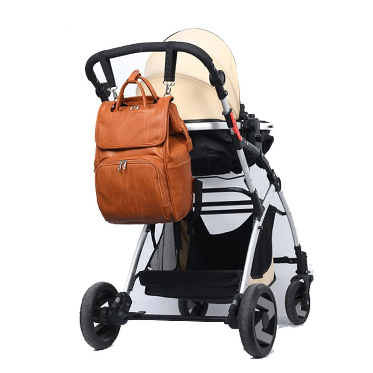 Wholesale waterproof Retro Design Travel Multifunctional  Pu Leather Mummy Diaper Bag Backpack Brown With Stroller Strap