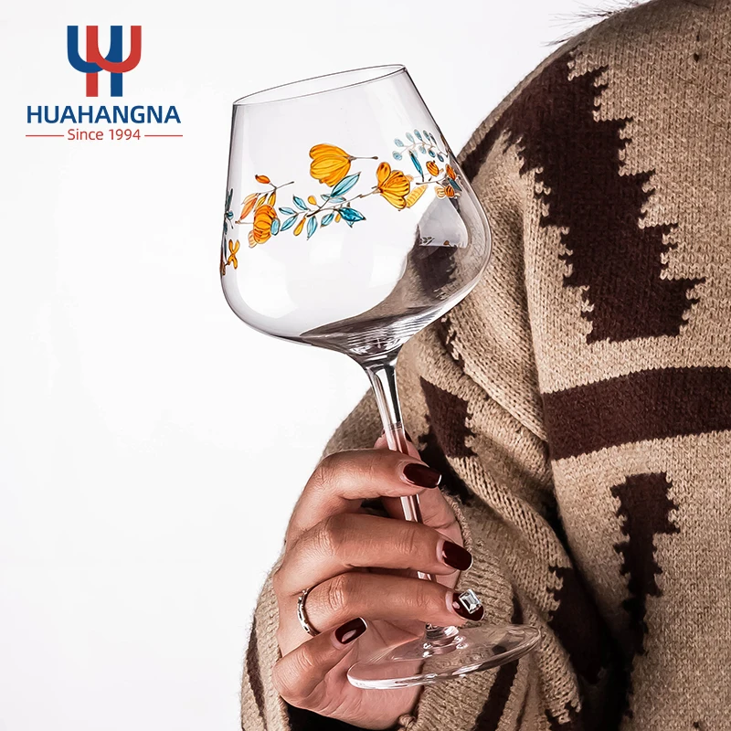 Artisan Painted Red Wine Glasses Flower Print Colored Wine Glassware Lead-Free Glass Goblet Stemware for Wedding Christmas Gift