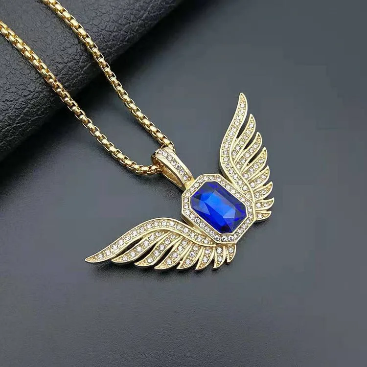 Hip Hop Mens Gold Plated Gemstone Jewelry Wholesale Big Rectangle Crystal Stone Angel Wing Necklace Pendant