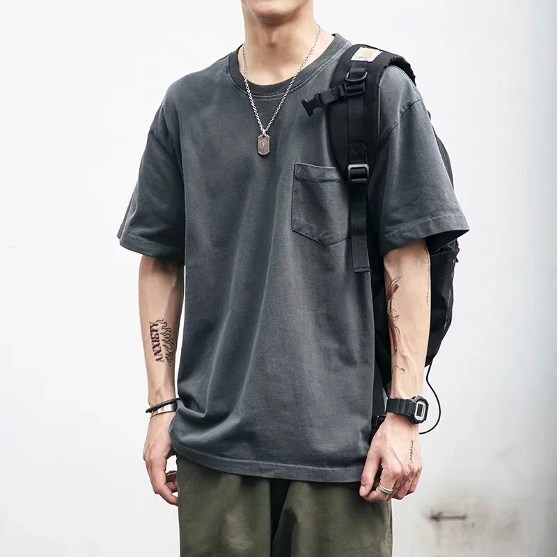 
Tide brand loose tooling washed batik round neck T-shirt male solid color basic models couple wild casual short sleeve 