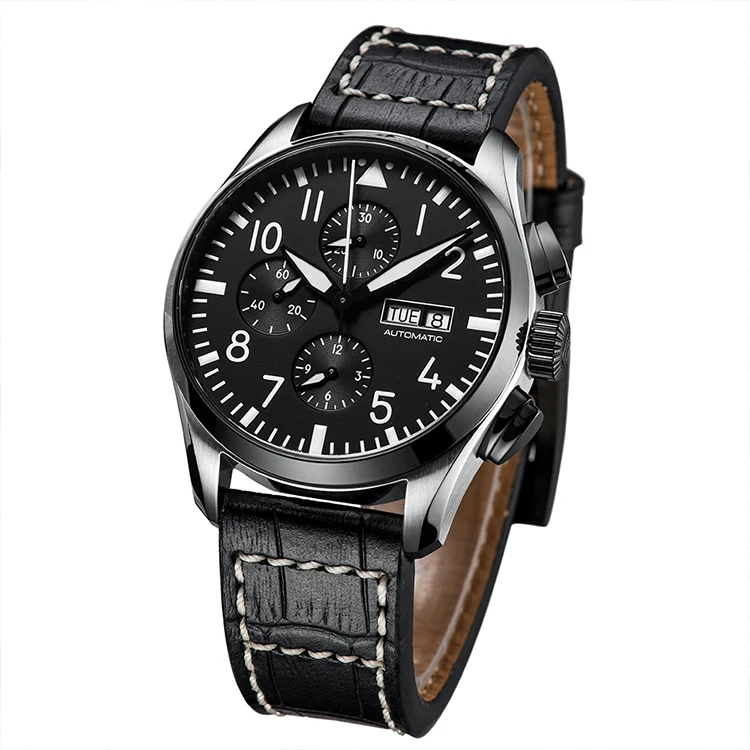 Mexda Chrono Watch Men Automatic Pilot Analogue Watch Orologio Glass Leather Strap Automatic Movement Men Leather Wa