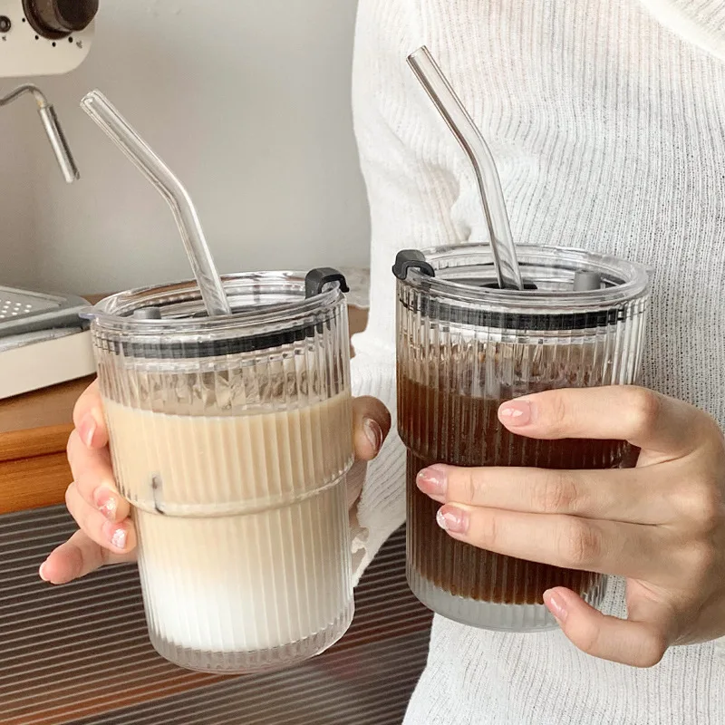 Portable Classical Ribbed Glass Tumbler Cup With Straw And Lid Vertical Stripes Glass Coffee Mug