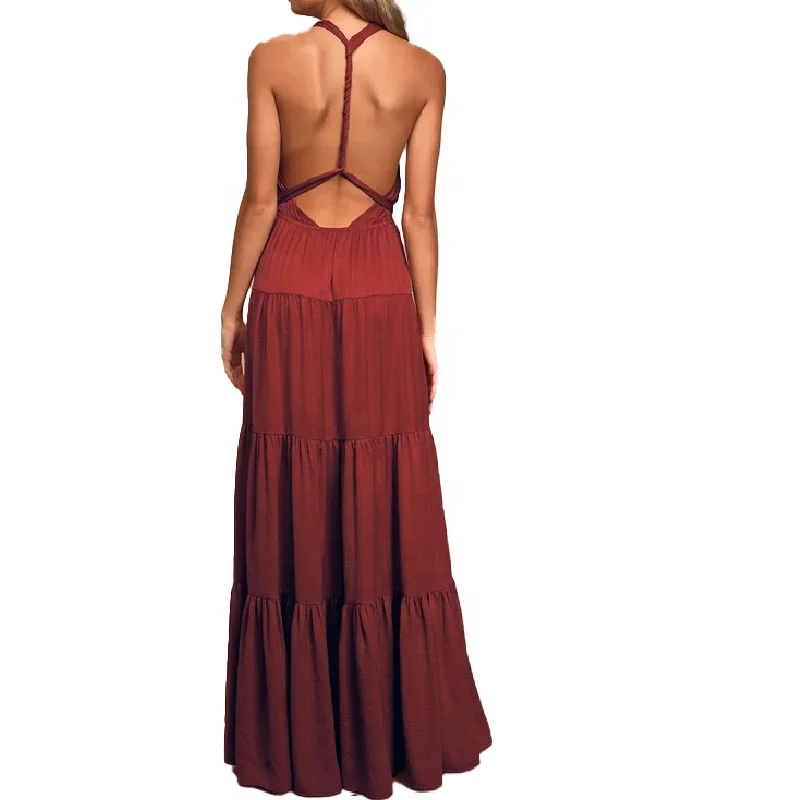 Elegant flirty burgundy casual halter convertible long summer beach cotton maxi bridesmaid dresses for beach wedding party