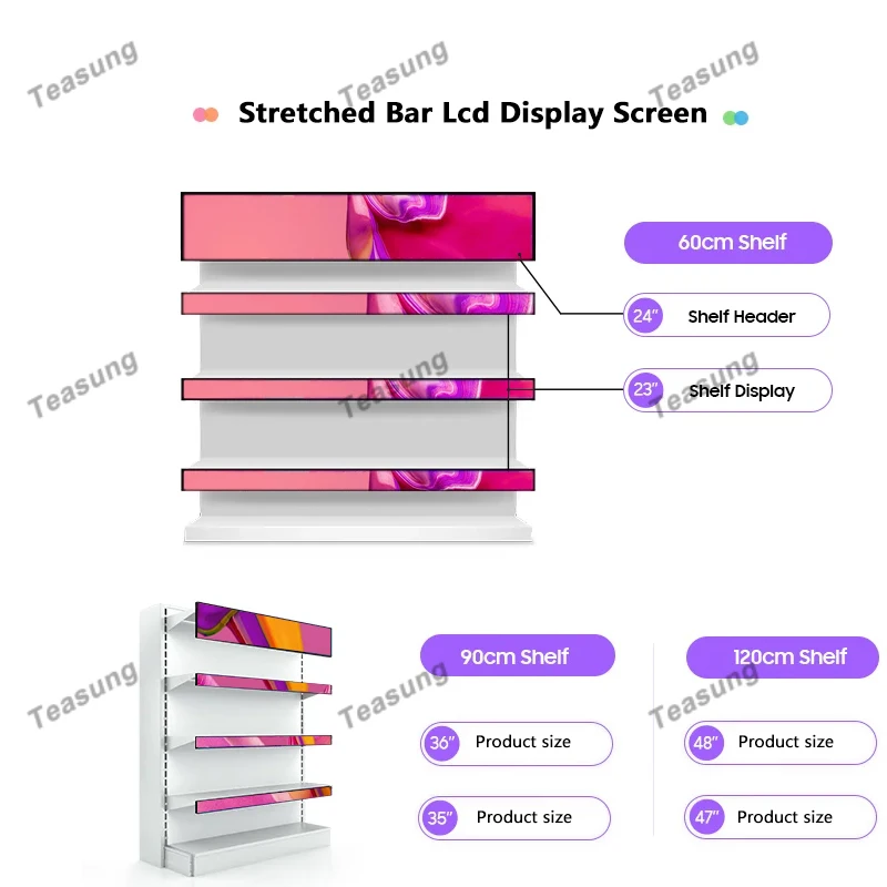 Ultra Wide Commercial Shelf Screen Stretch Bar Lcd 24/19.5inch screens Display Signage Shelf Display hd video player