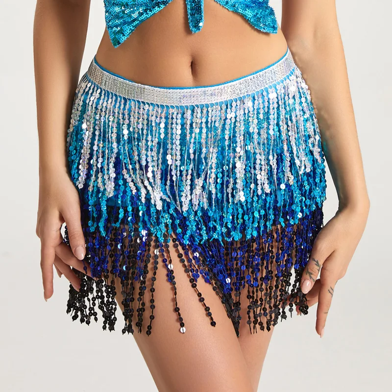 yifusha Sexy Sparkly Belly Dance Skirt Costume 4 row sequin Tassel Hip Scarf Skirts Wrap for Performance Christmas Carnival