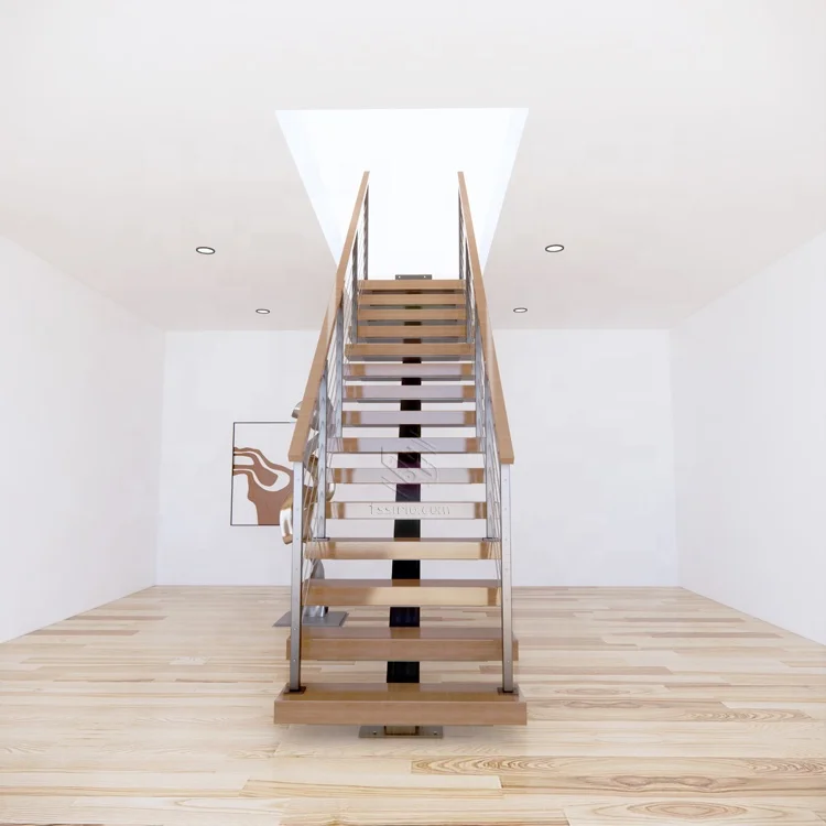 Mono metal stringer floating stairs system with cable railing and  timber treads meet with USA/ European building  code