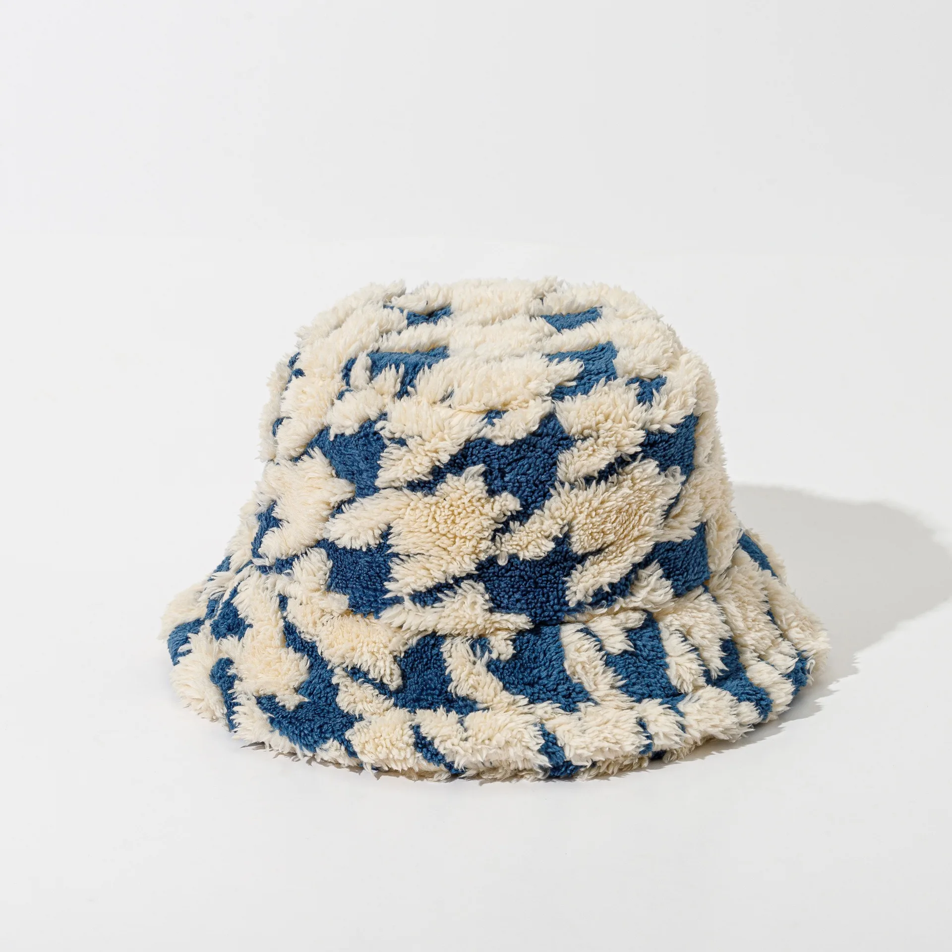 Thousand bird check plush fisherman hat for men and women new autumn and winter face small thick hat