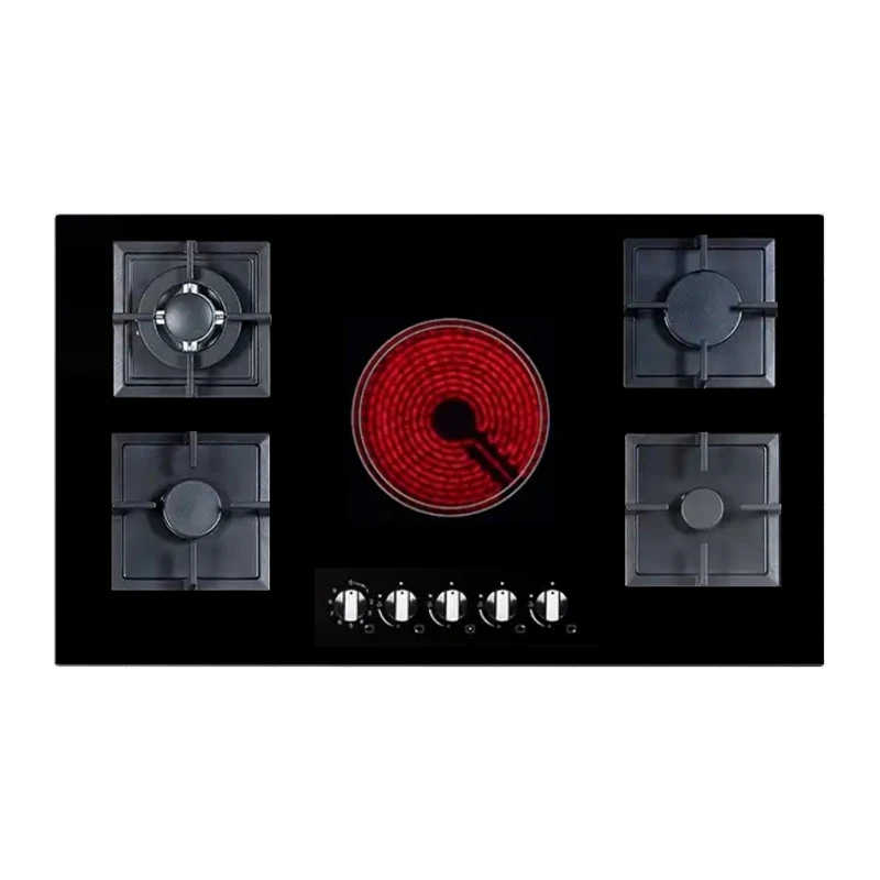 Home Kitchen Appliance 5 Burners Ceramic Glass Panel Electric-Gas Hob With 1 Electric + 3 Gas Burners Combined Stove