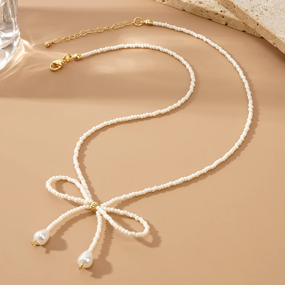 Go2boho Bowtie Accessories Water Drop Imitation Pearls Fashion Jewelry Handmade White Glass Beaded Necklaces for Women Trendy