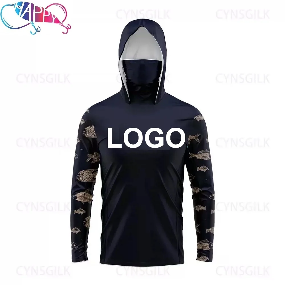 Custom LOGO Eco-Friendly Uv Fish Fast Dry Fish Print Cotton Hemp men Shirts Upf Hoodie Sun Protective Hooded Fishing T Shirt