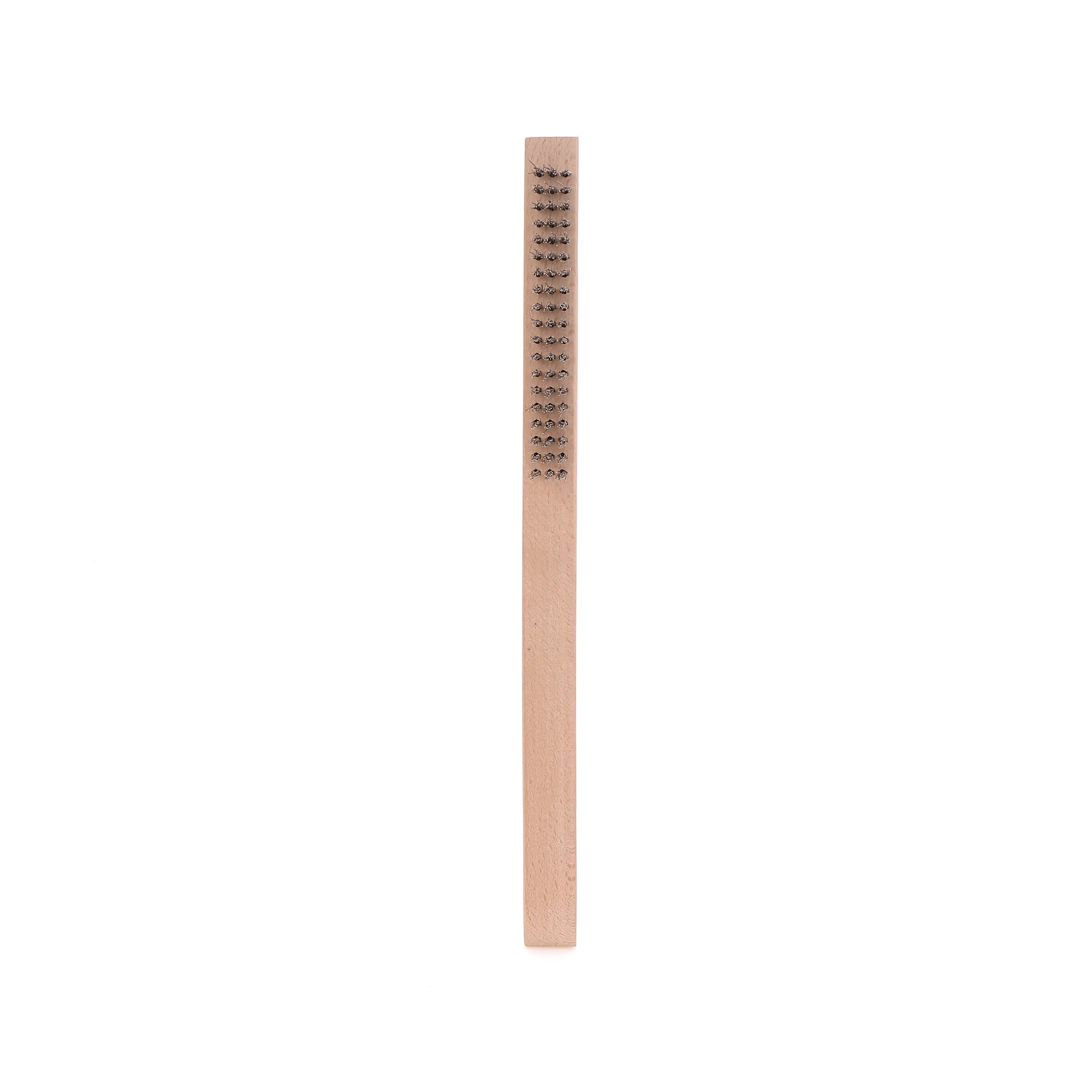 Natural custom logo wooden long handle steel wire brush cleaning metal surface wire brush with rust removal