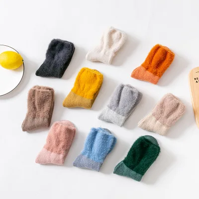 Autumn Winter Mink Cotton Plain Color Winter Fuzzy Warm Tube Women Sweet Socks