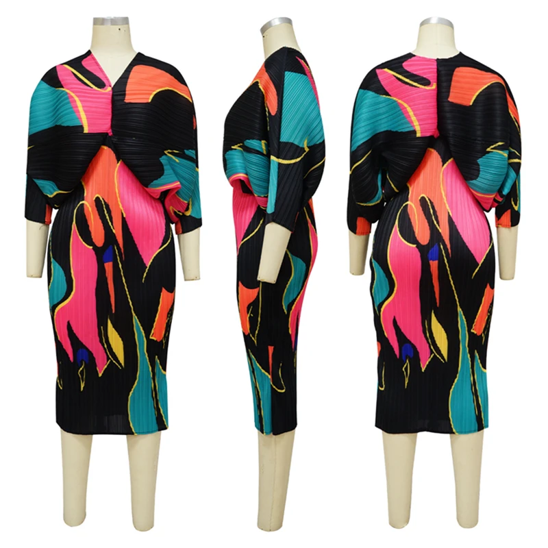 Channel Hot Sale 2023 V Neck Bat Sleeve African Print Turkey Pleated Midi Dresses Women Lady Elegant