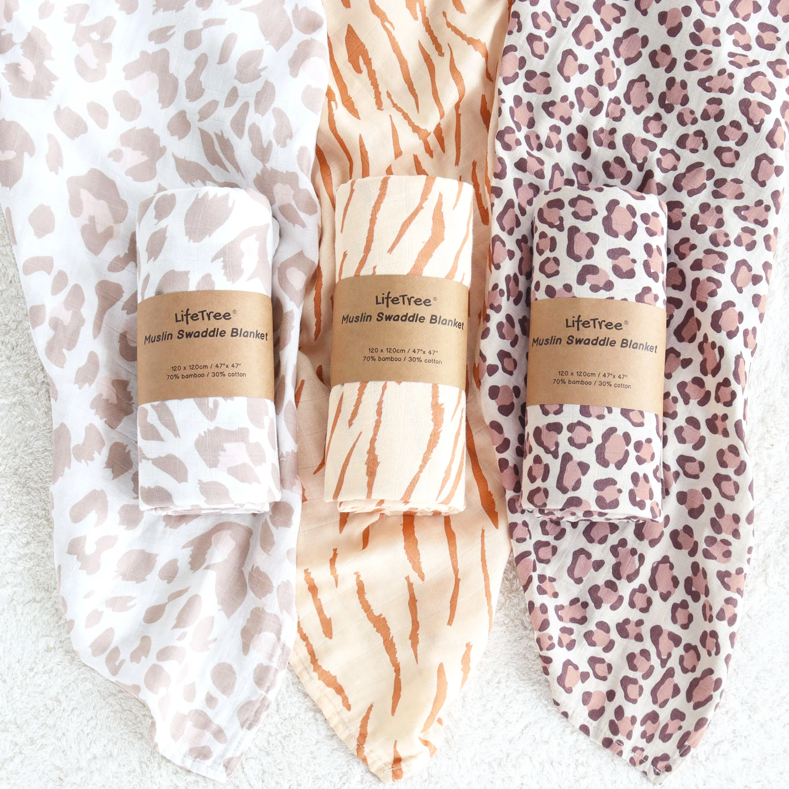 Lifetree Leopard print Custom Soft Breathable Organic Muslin Swaddle Wrap Bamboo Cotton 2 Layers Newborn Receiving Blankets