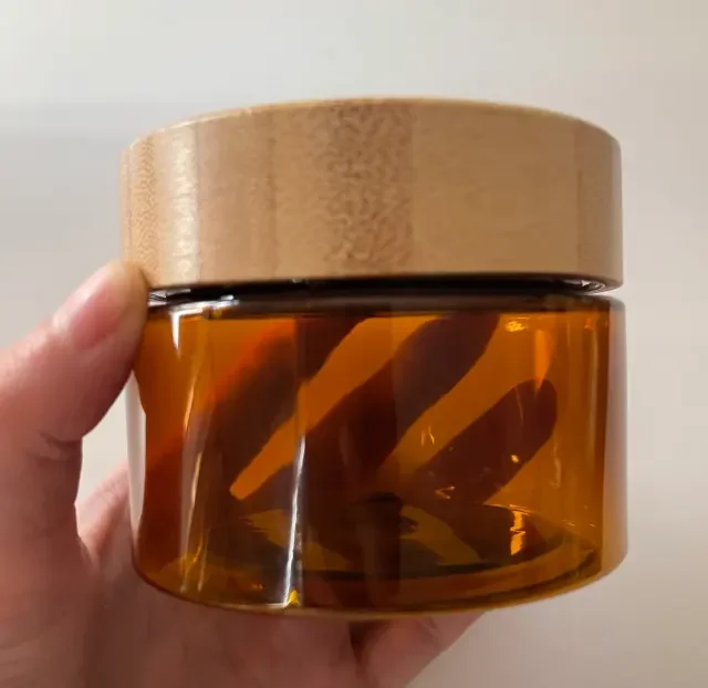 Real bamboo lid PET plastic 8oz face cream jar with bamboo lid clear frosted amber transparent