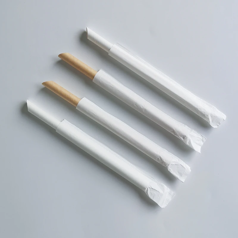 Factory Supply Disposable Biodegradable  Big Large Boba Bubble Tea Sharp End 12mm Paper Straw With Wrapped