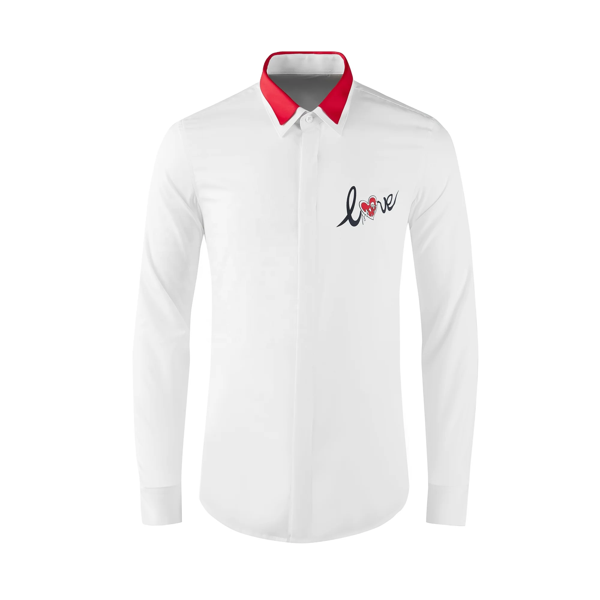 
Clothing Double Collar Red Hit Color Love Long-Sleeved Avant-Garde Slim Men Shirt 