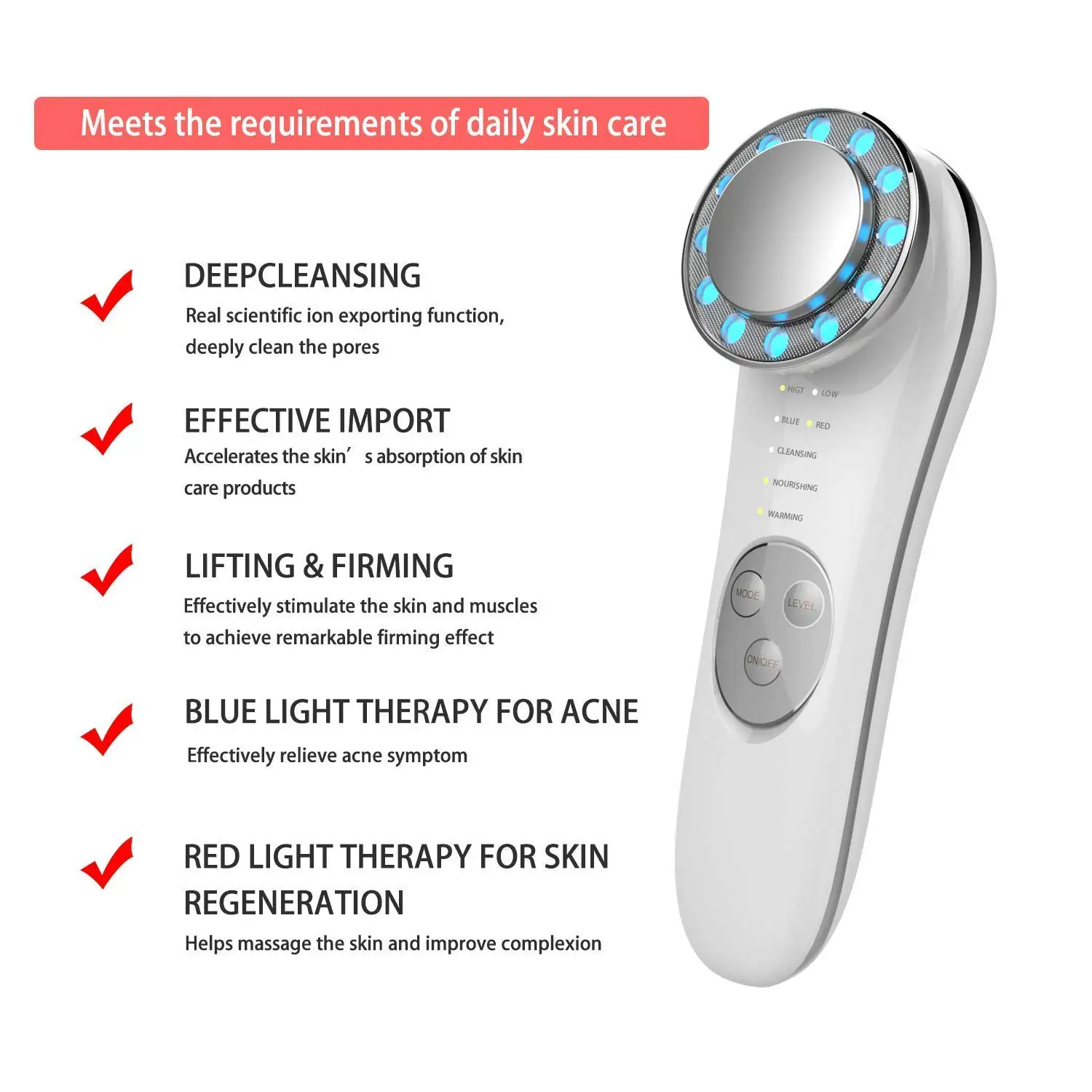 7 in 1 Face Cleaner Lifting Machine LED Blue & Red Light Wave High Frequency Promote Face Cream Absorption Face Massager
