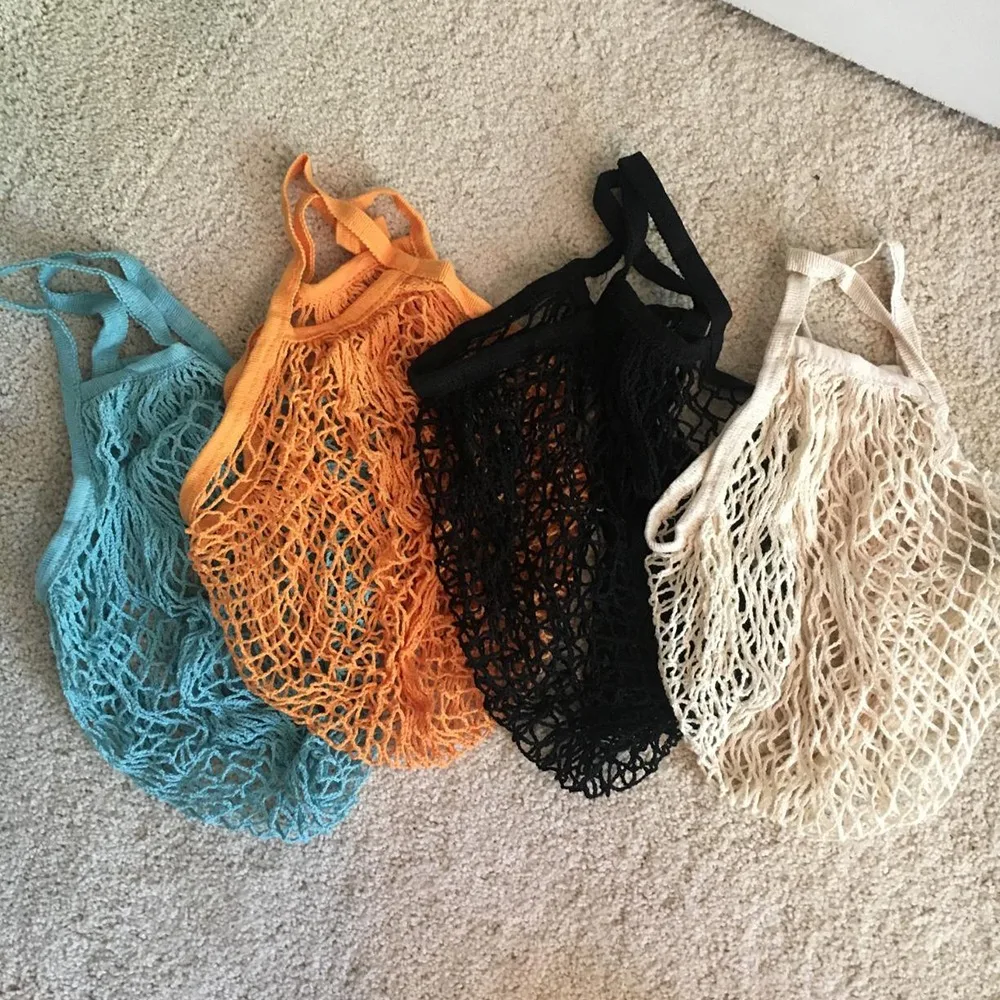 Portable Reusable Grocery Cotton Mesh String Organizer Short Handle Net Shopping Tote Bags for Fruit Vegetable