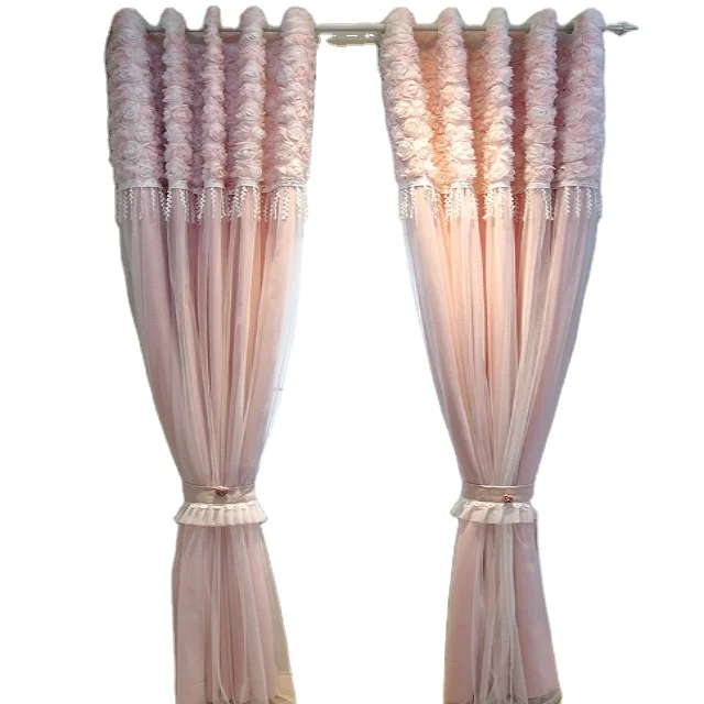 Rose Love/Korean Princess Pink Lace Curtain Girl Bedroom Princess Gauze Blackout Curtains for Living Room Finished Product