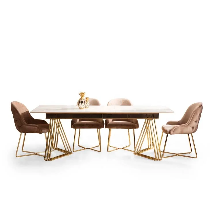 Gold Stainless Steel Rectangle 8 seaters Marble Dining Table Oak Dining Table Turkish Dining Table