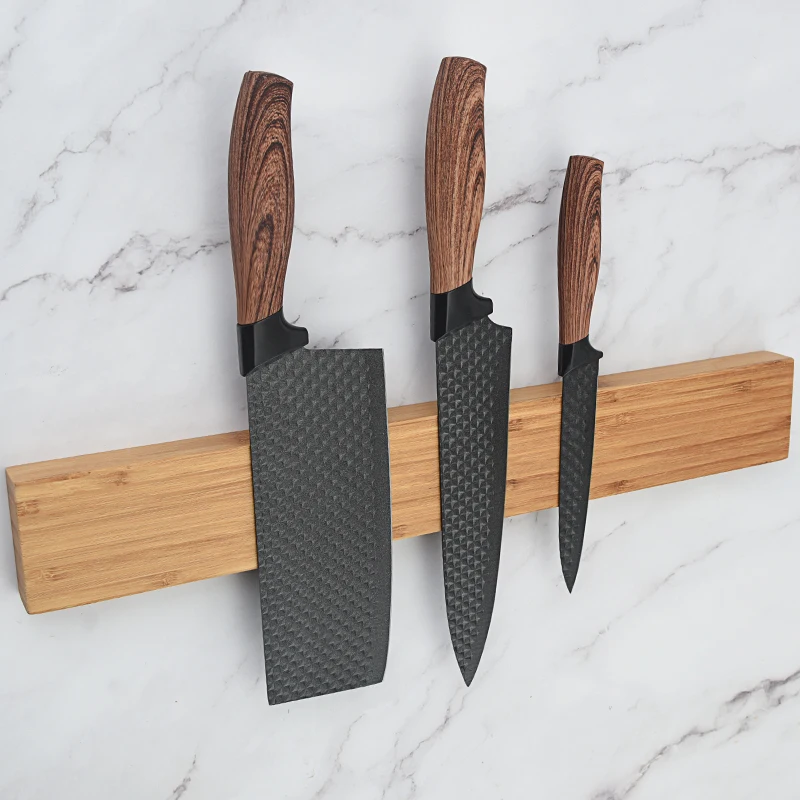 Custom new nature carbonized bamboo rectangle strongest magnetic knife rack for kitchen wall