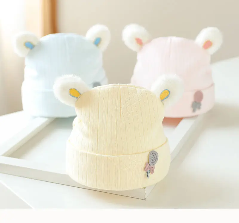 Wholesale Baby Cute Embroidery Style Beanie Hat Solid Color Style Cotton Fabric Newborn Baby Jacquard Hat
