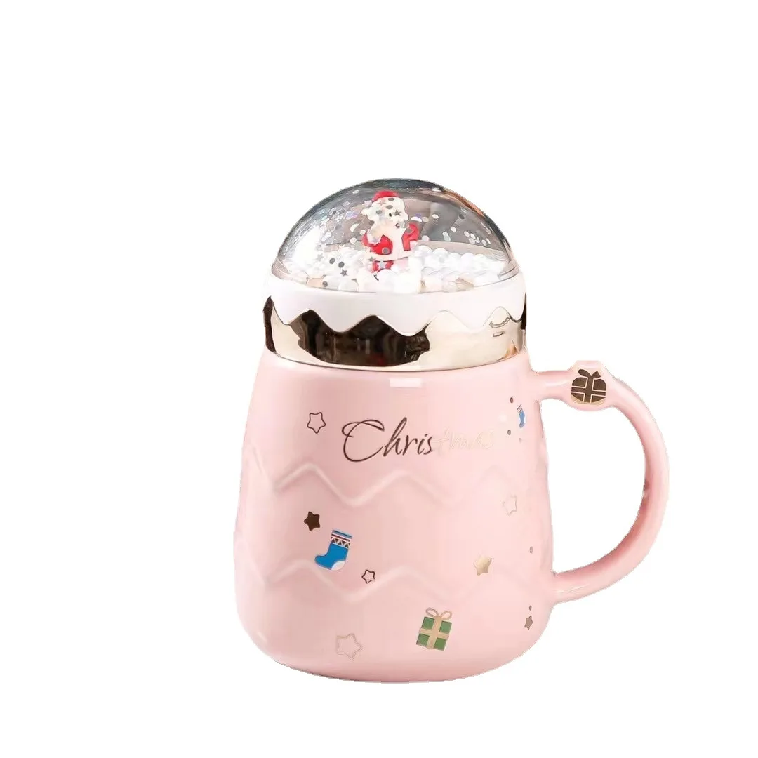 New Christmas Ceramic Cup Santa pattern Porcelain Cup Reusable Coffee Cup With 3D Christmas Hat Lid And Spoon
