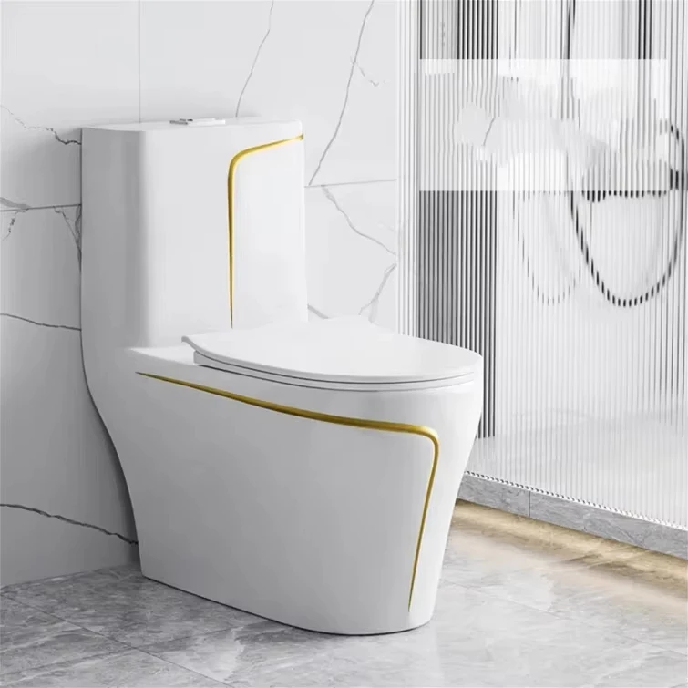 High End Hotel Home Golden Lines Design White Color Porcelain Commode Modern Bathroom Wc Toilet Bowl