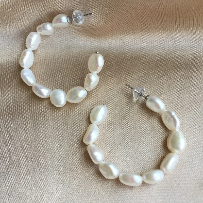 Customized lady sterling 925 silver stud loop white natural 6-7mm baroque pearl earring